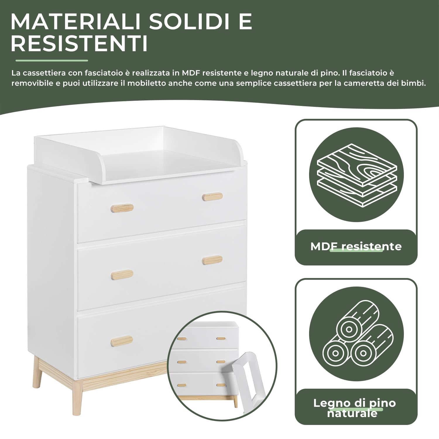 Rebecca Mobili Fasciatoio con Cassetti 3 Cassetti Bianco Marrone MDF Pino 100x80x42 cm
