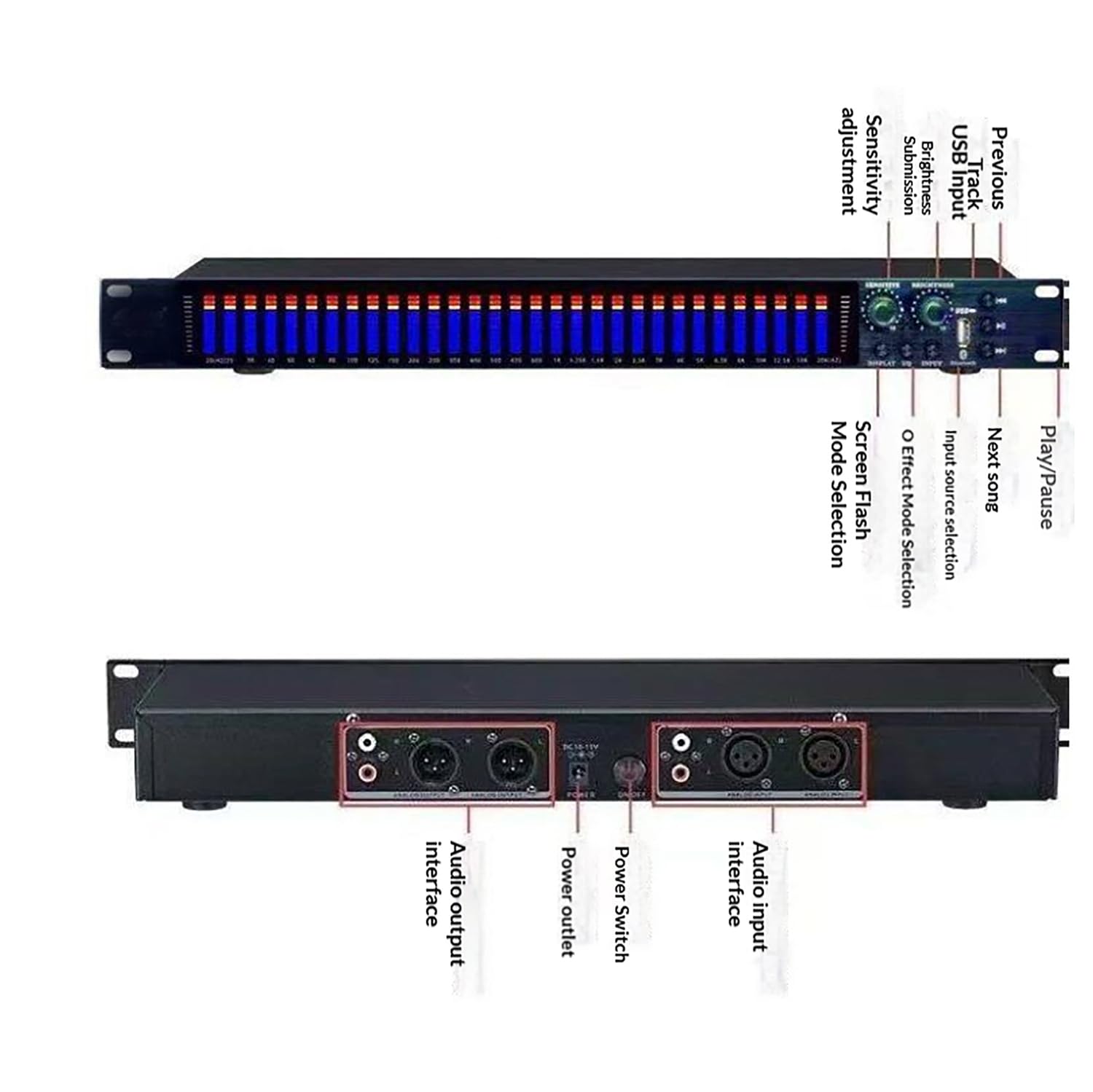 Ecualizador digital profesional DSP estéreo con pantalla LED dinámica, 21 efectos preestablecidos, reducción automática de ruido, montaje en rack de 1U para aplicaciones de estudio y KTV