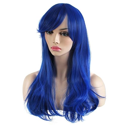 Miniatura 4 de Peluca de cosplay para mujeres con gorra, peluca de 28in largo y ondulado resistente al calor de AKStor, Azul