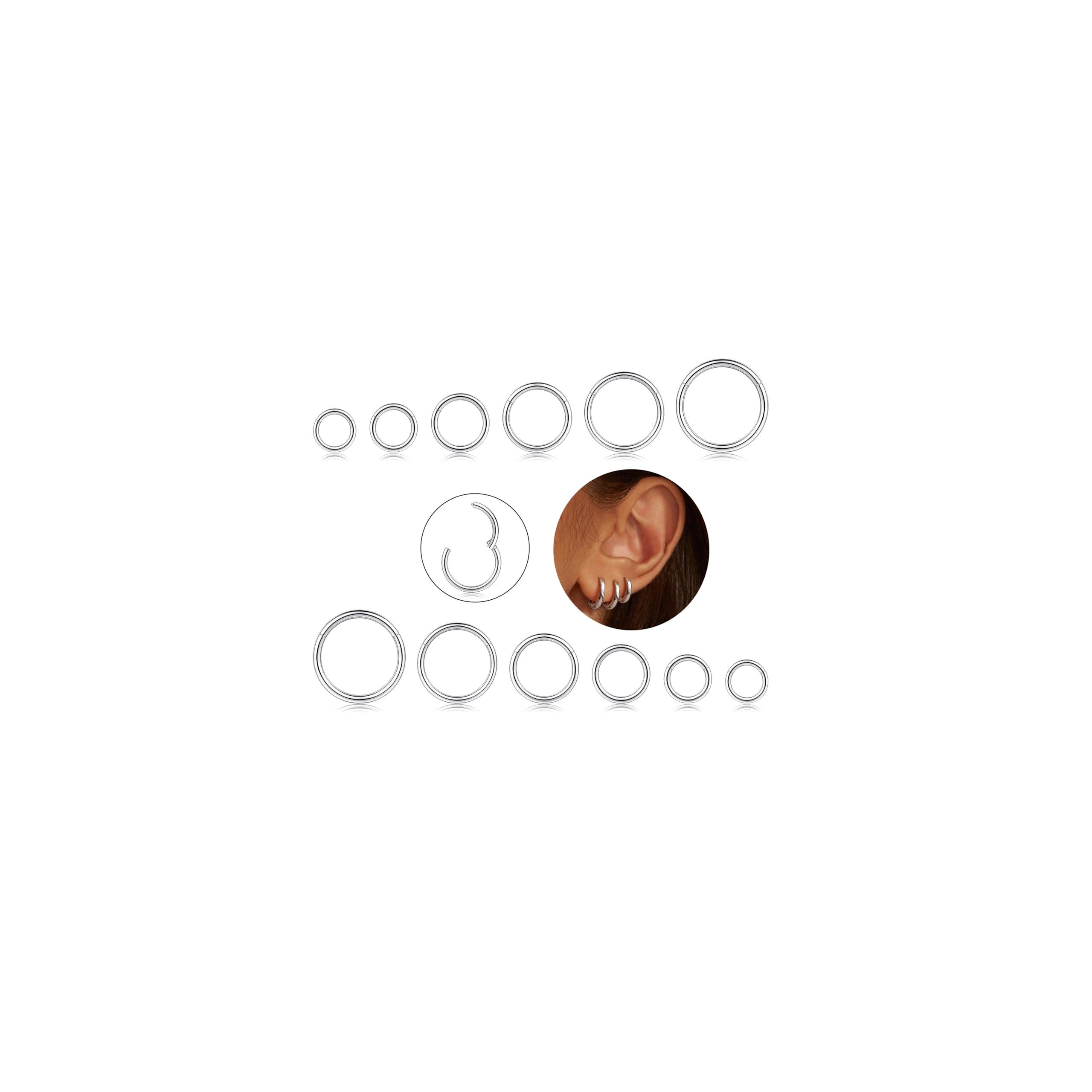 CASSIECA 6 Paar 16G Nasenpiercing Chirurgenstahl für Damen Nasenring Septum Piercing Knorpel Creolen Silber Helix Piercing Schmuck Set 6-16mm