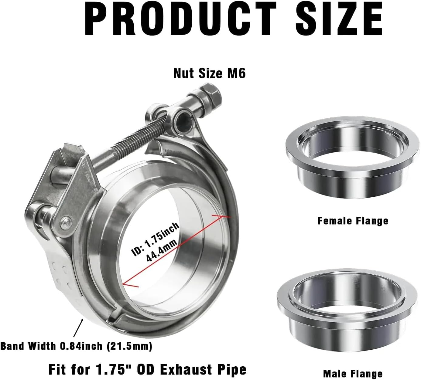 Exhaust clamps, Stainless Steel V-Band Clamp Car Turbo Exhaust Pipe Male Female Flange 304 Multiple Sizes(1.5inch)