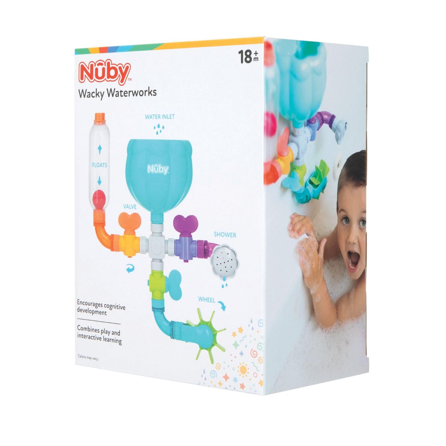 Nuby - Wacky Waterworks - Jouet de Bain avec Ventouse et Activités Créatives - 10 Pièces Emboîtables - Aide au Développement sensoriel - Composition et Assemblage Facile - Jouet de Bain Bébé +18 Mois