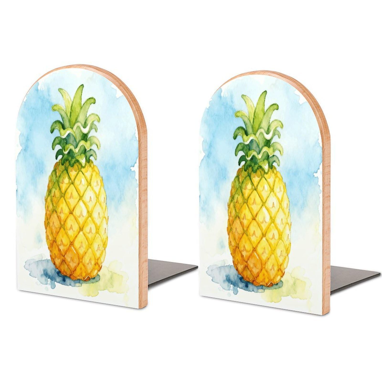 Pineapple Book Ends Wood Non-Skid Bookend for Shelves Heavy Duty Bookends with Metal Base Decorative Books Stopper Desk Organizers Book Dividers for Office Home 1 Pair