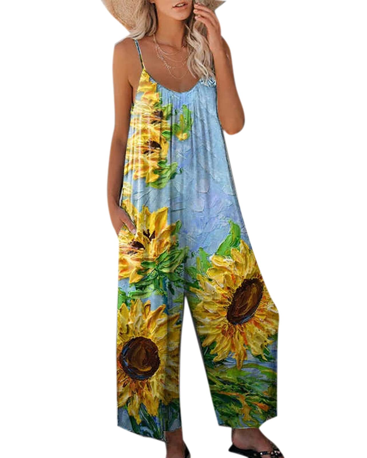 Women's Wide Leg Casual Baggy Overalls Jumpsuits Ladies Sunflower Print Plus Size Dungarees Work Bib