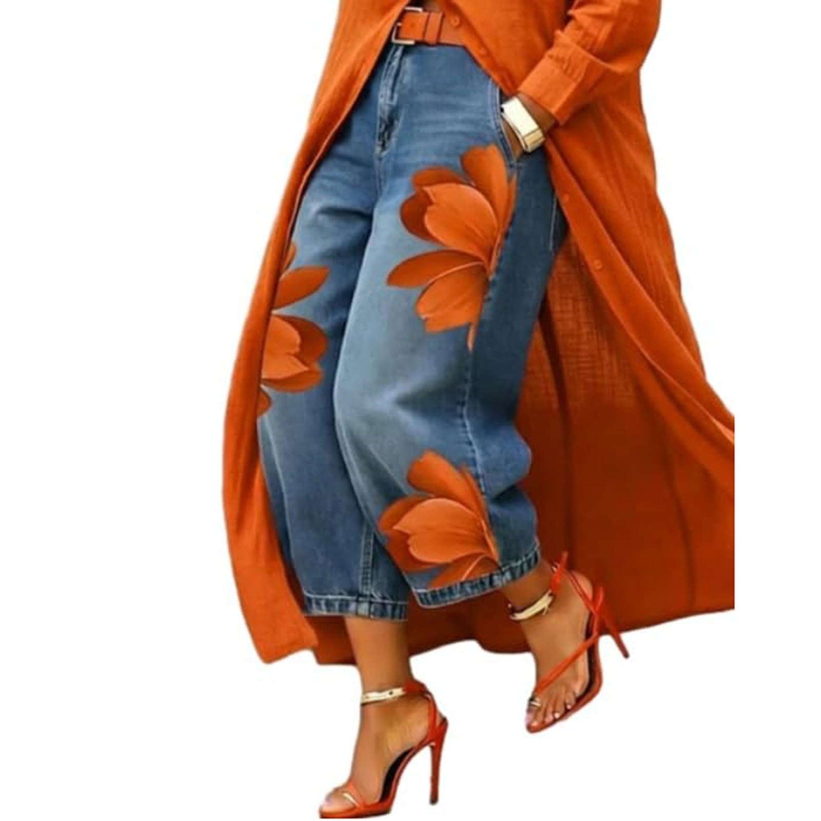 Pantaloni da donna in denim con stampa a gamba larga, jeans in denim da