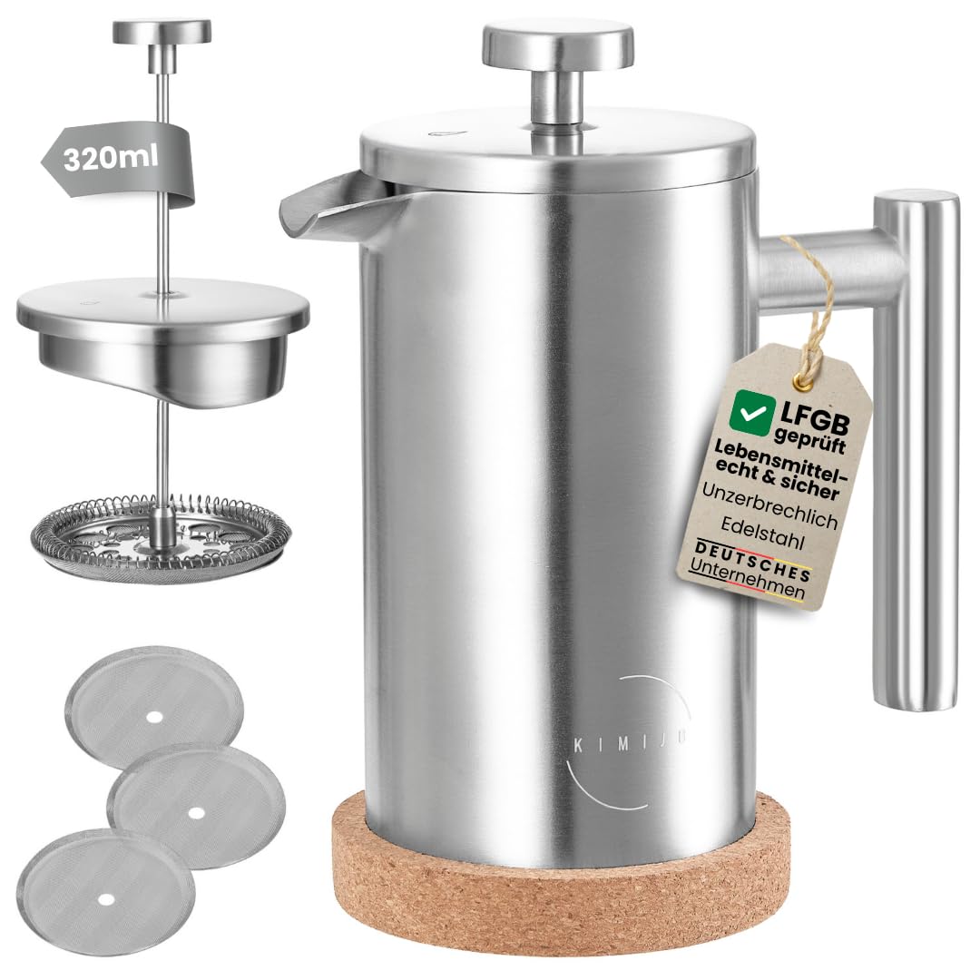 KIMIJO French Press Edelstahl 320ml I Thermo Kaffeebereiter isoliert I Doppelwandig incl. 3 Ersatzfilter & Korkuntersetzer I Spülmaschinenfest I Stempelkanne matt gebürstet