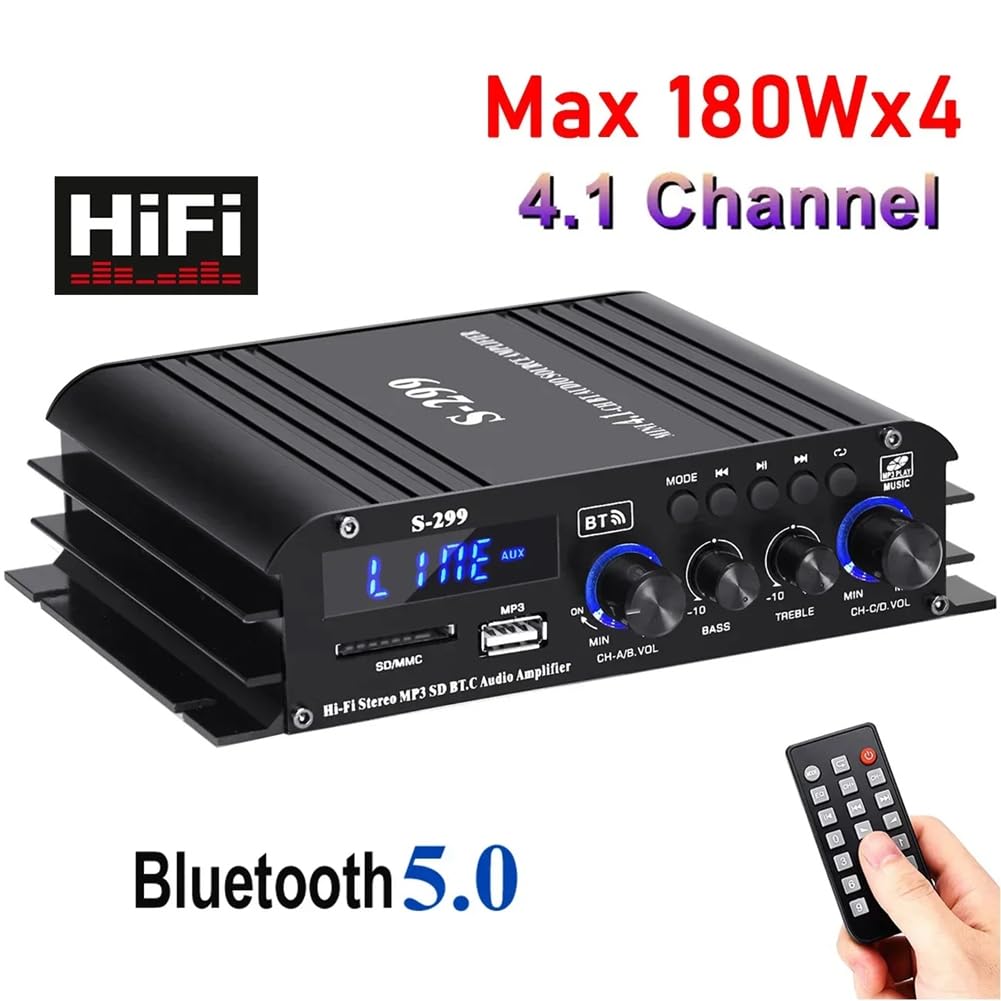Amplificatore Audio Digitale 4.1 Canali AMP 40Wx4 W/H Bluetooth 5.0 Potenza Nominale per Home Theater Auto RV Barca Spina EU