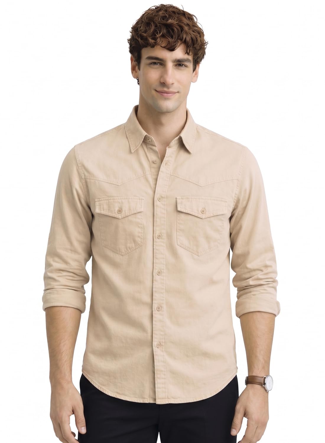 Mens Beige Cotton Casual Shirts – Regular Fit, Dual Flap Pocket, Soft Washed Fabric, Full Sleeve Solid Shirt for Men-image-42
