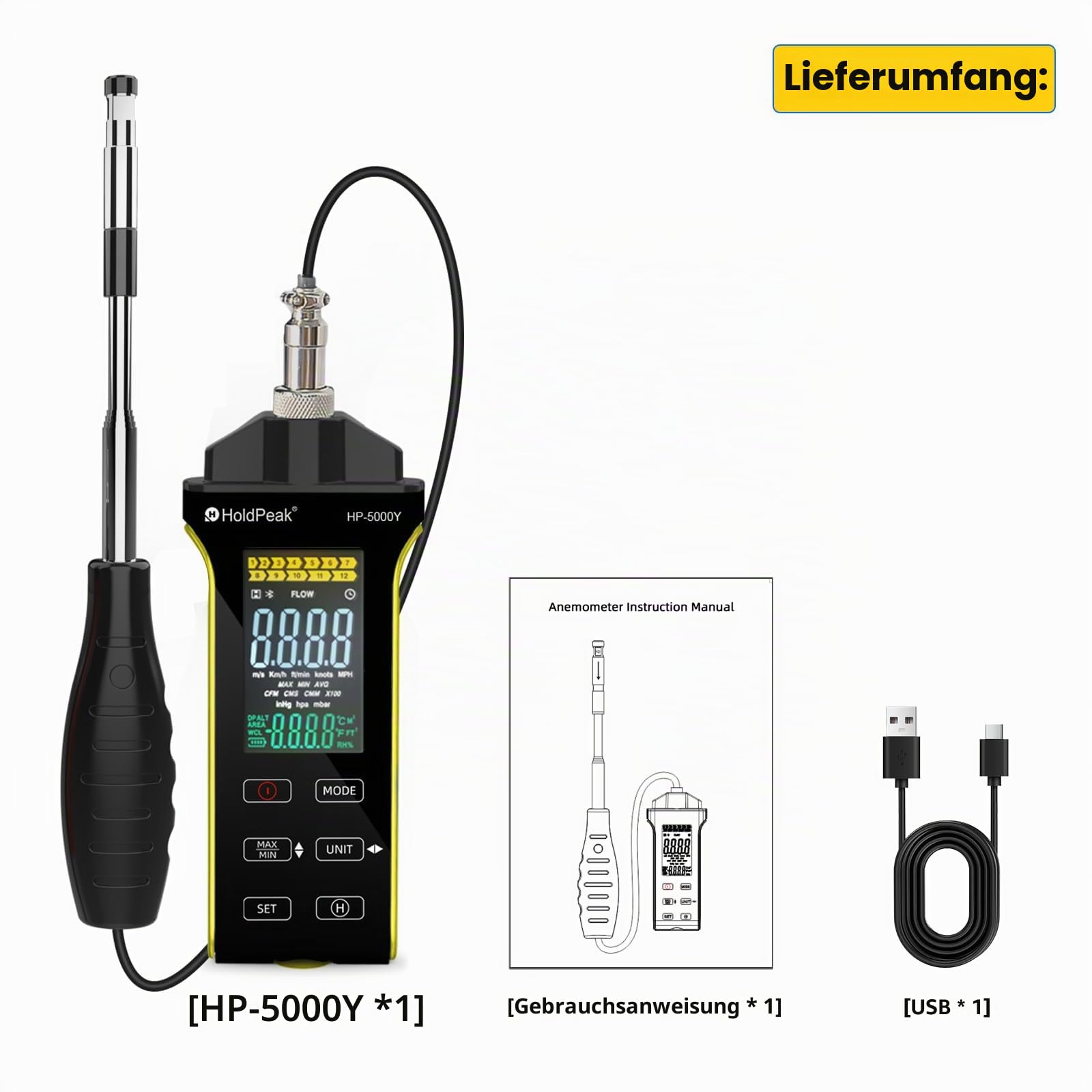 HOLDPEAK Profi-Heißdraht-Anemometer – Präzises digitales Windgeschwindigkeits-Messgerät für CFM/CMM, mit Temperaturmessung, Teleskopsonde, beleuchtetem Display und USB-Datenexport