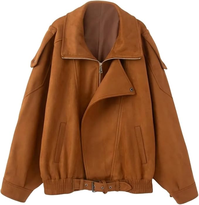 WOMEN’S FAUX SUEDE BOMBER JACKET – Y2K Oversized Pilot Coat with Lapel & Hidden Zip – Trendy Streetwear Outerwear