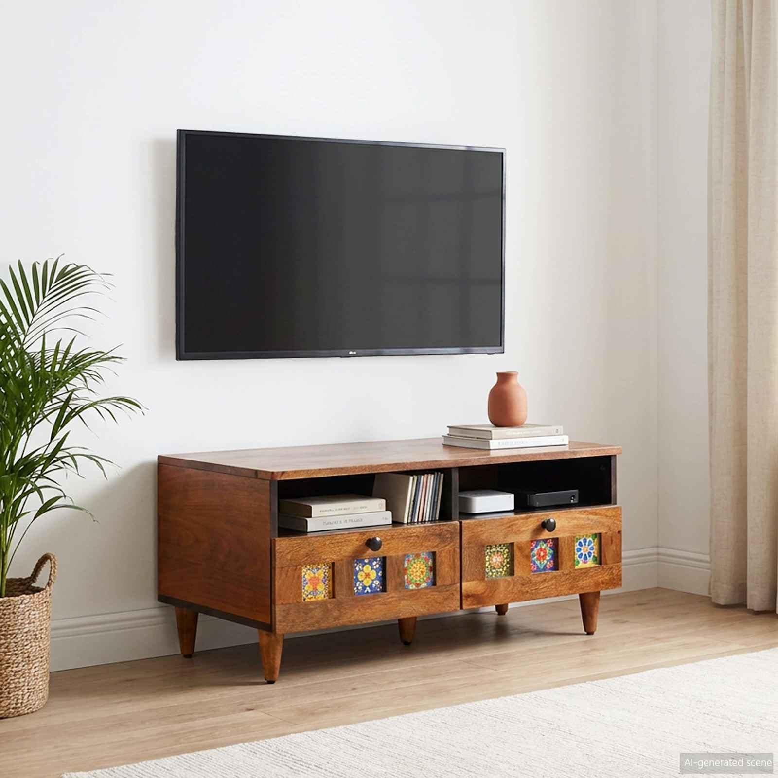 Mueble TV de madera mango macizo 70 x 33 x 46 cm con almacenamiento
