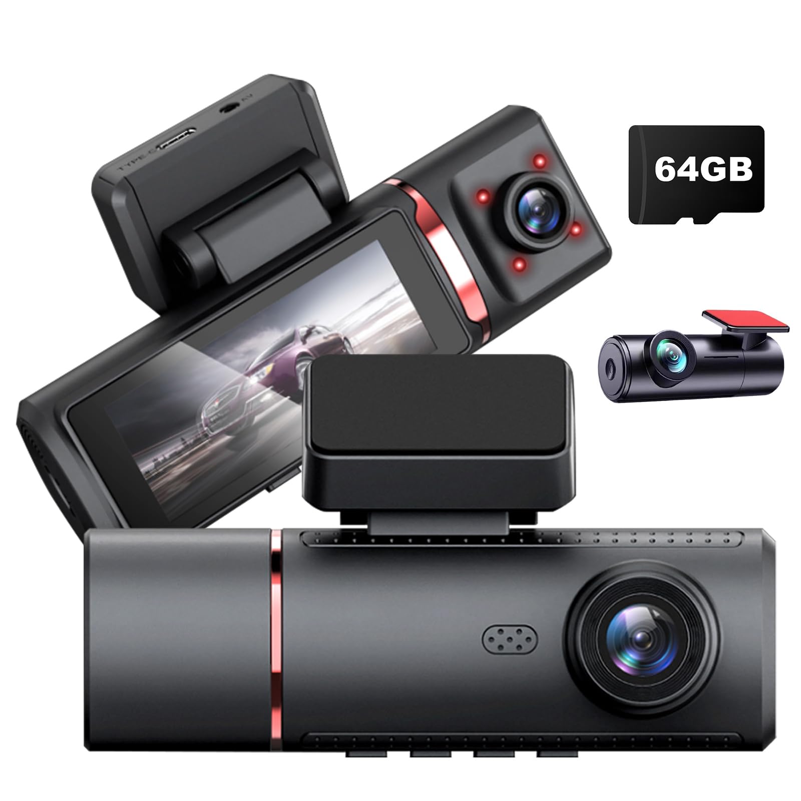ChannelsTriple Dash Cam 3 in 1 | Fotocamera frontale 4K, 1080p interna e posteriore 1080p | con telecamera da cruscotto Wi-Fi | sorveglianza parcheggio | registrazione in loop | Scheda da 64 GB