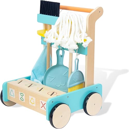 WOODENFUN Juego de limpieza de madera para niños pequeños, kit de suministros de limpieza con clasificación de basura, juguete de empuje de madera