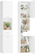 FOREHILL Bathroom Cabinet Narrow 180 cm Bathroom Tall Cabinet | Soft Close Function, 2 Doors, 1 Open Compartment and 1 Drawer, Bathroom Furniture Space-Saving 37 x 30 x 180 cm, White