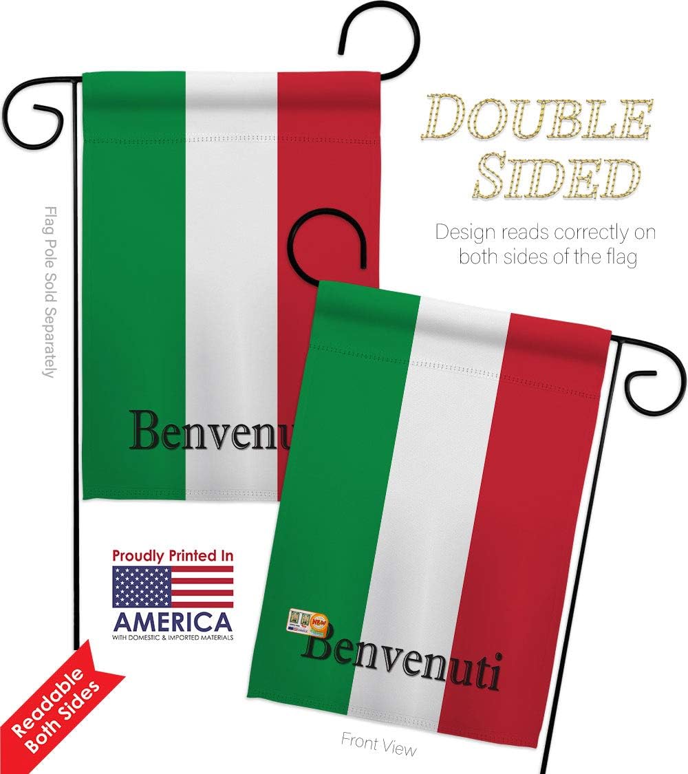 Italy Benvenuti Garden Flag Set Wall Holder Regional Nationality Nation International World Country Particular Area Small Decorative Gift Yard House Banner Double-Sided Made In USA 13 X 18.5