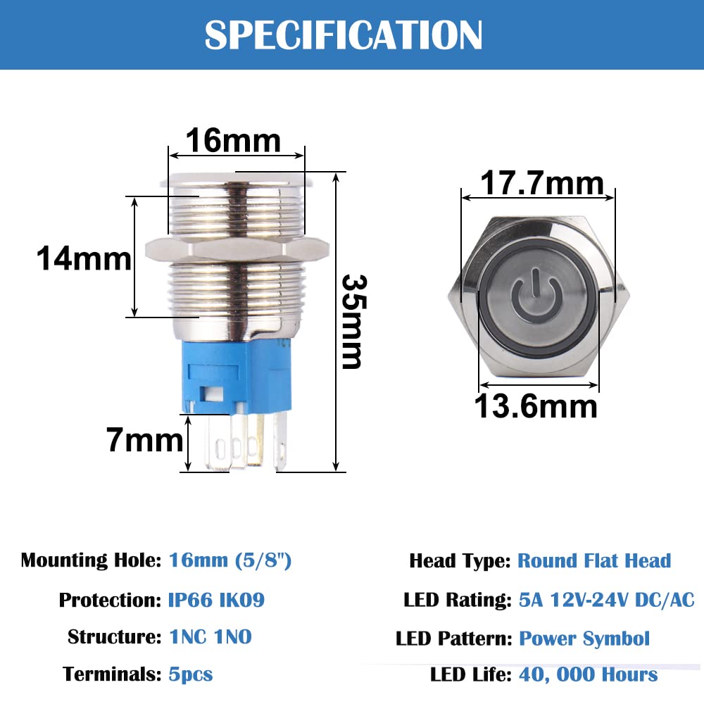 5Pcs 16mm Metal Latching Push Button Switch 12V-24V 1NO 1NC 5Pins ON/Off for 5/8" Mounting Hole Waterproof IP66 Silver Shell Power Symbol Blue LED Light