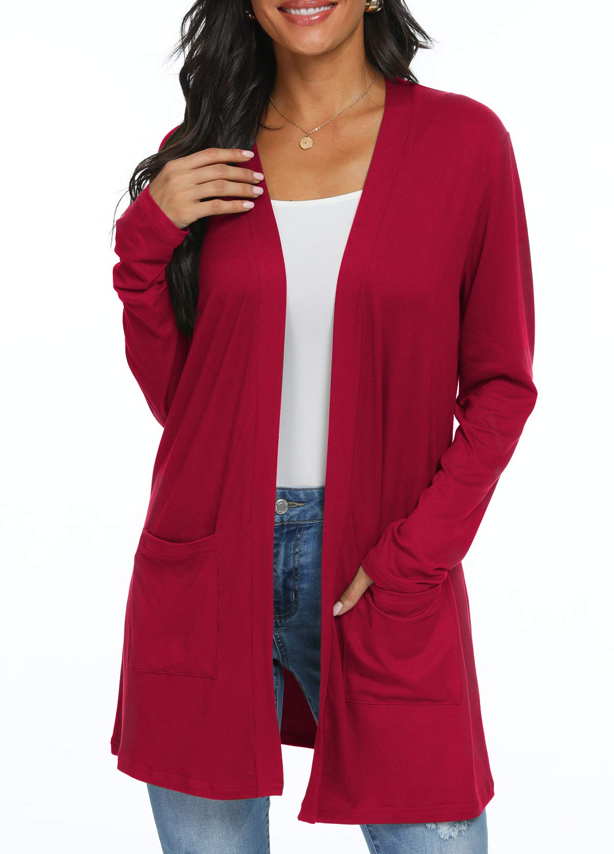 Womens Casual Lightweight with Pocketes Long Sleeve Open Front Cardigan