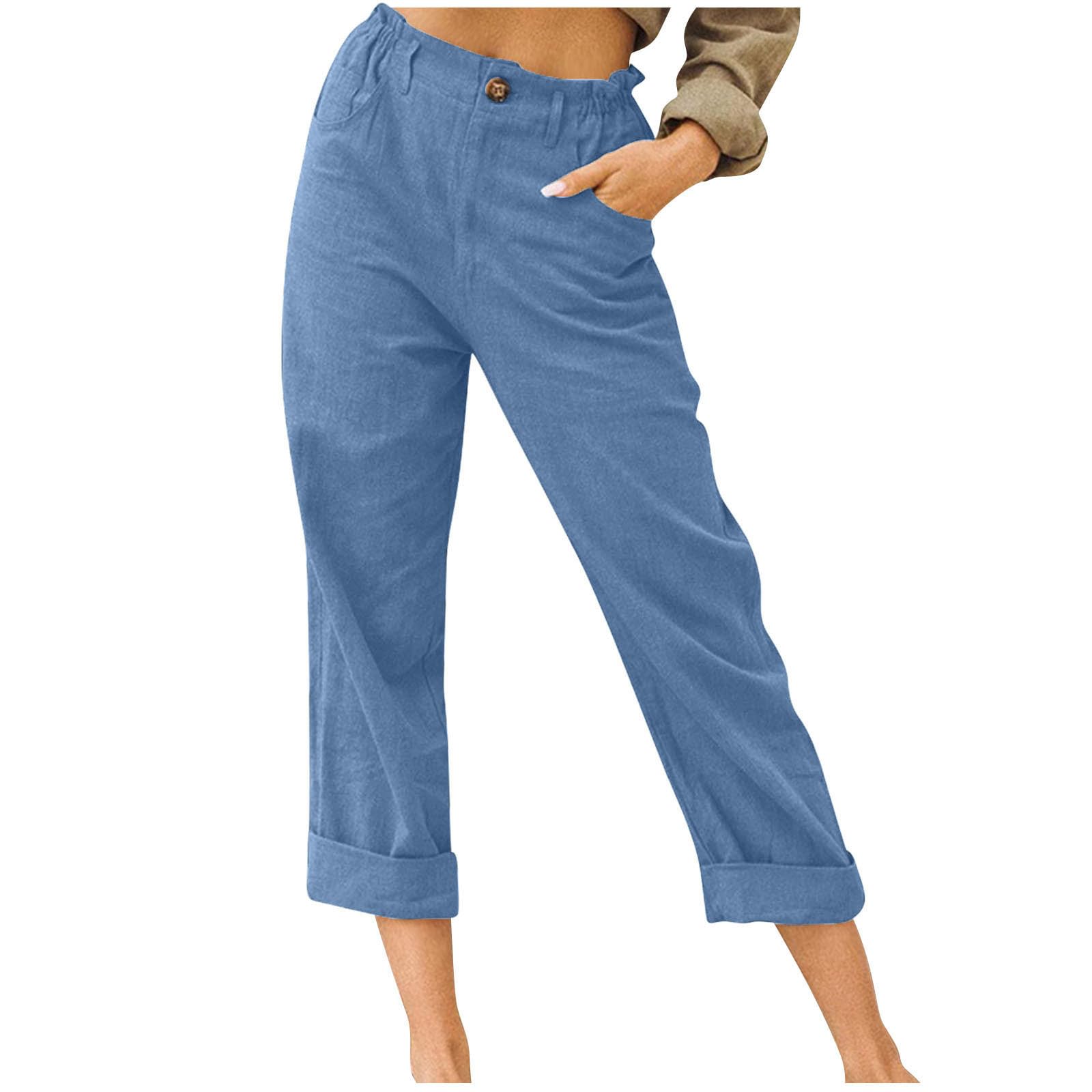 Bidobibo Linen Pants Women Capri Length Summer Beach Trousers with Side Pockets High Waisted Palazzo Pants for Women