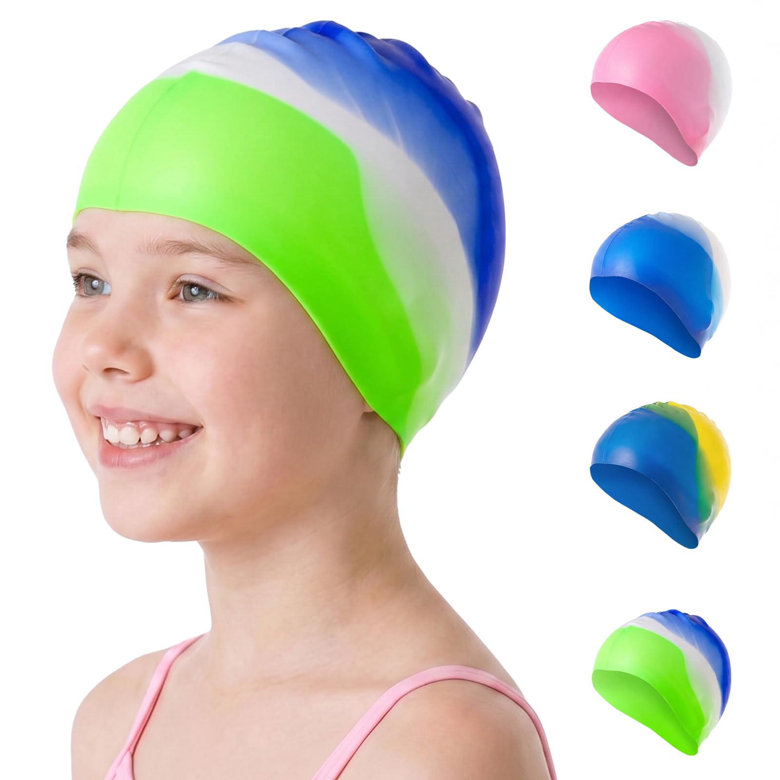 OSDUE Silicone Swimming Caps for Kids, Swim Hats for Boys Girls 4–12 Years, Anti-Slip, Stretchable, Waterproof No Pull Hairs Swimming Hat Swim Cap for Long and Short Hair