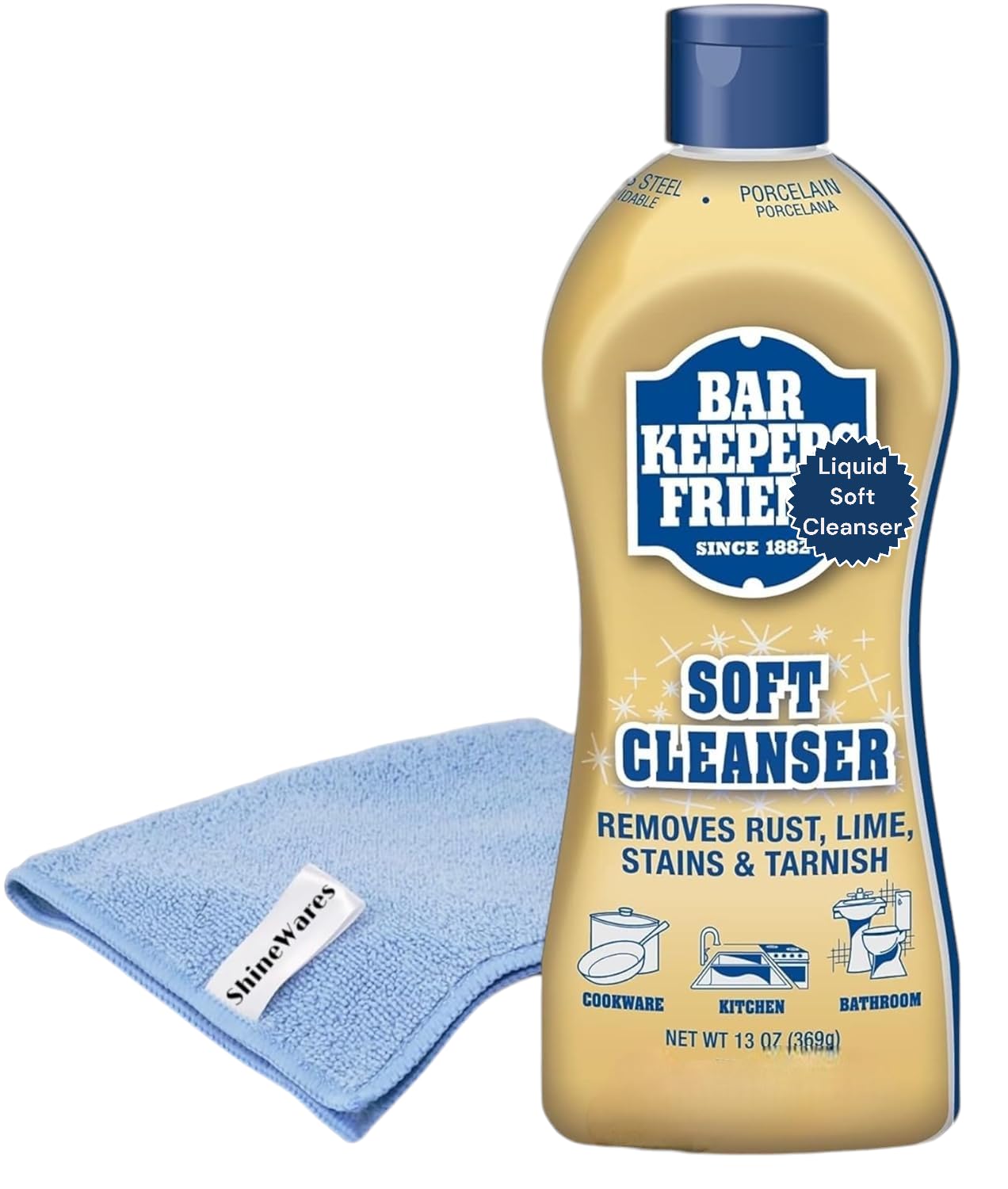 Bar Keepers Friend 13oz Soft Cleanser Bundled Microfiber Cleaning Towel - Great for everyday Cleaning of Pots, Pans, Stovetop, Cooktops, Water Stains, Bathrooms, Kitchens & more.