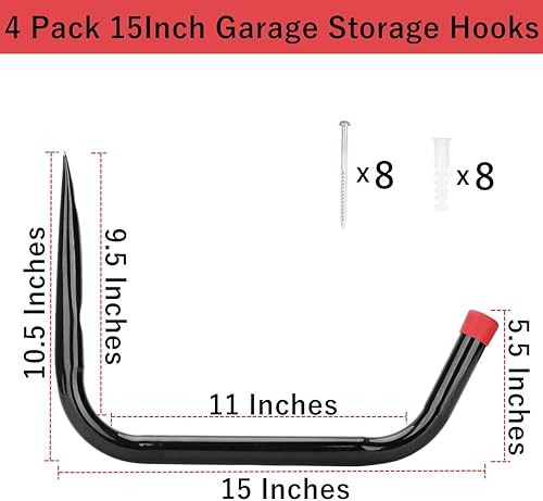 Miniatura 2 de Ganchos de almacenamiento de garaje resistentes, ganchos de pared de kayak de brazo jumbo de 15 pulgadas, capacidad de 100 libras, estante de canoa