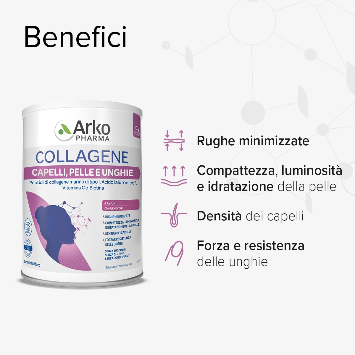 Arkopharma Collagene Capelli, Pelle e Unghie | Integratore Alimentare in Polvere, Collagene Marino con Acido Ialuronico, Vitamina C e Biotina - 1 Confezione da 260g
