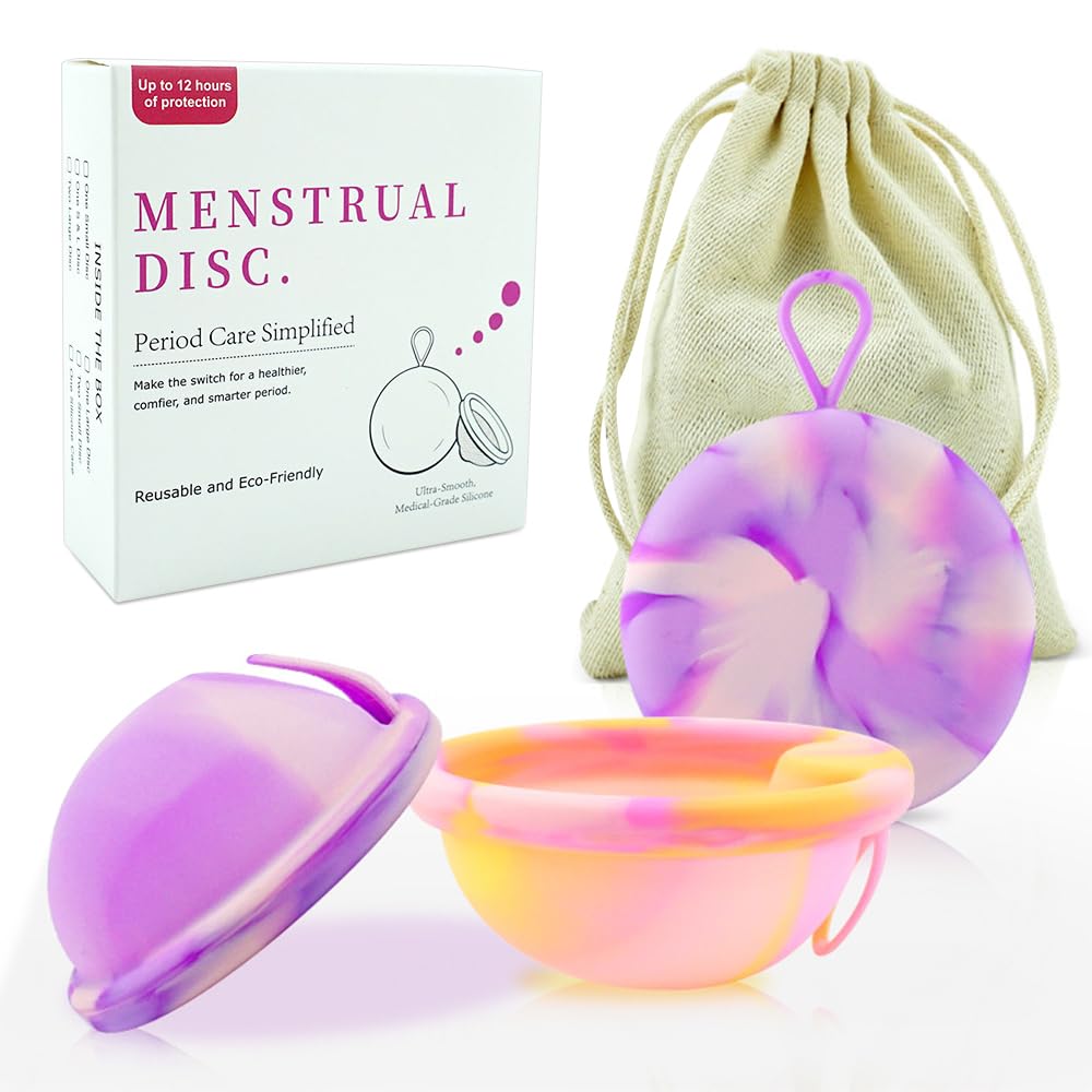 LUFEIS Dysk menstruacyjny, 2 sztuki Dysk menstruacyjny, Wielokrotnego użytku dysk menstruacyjny, Kubek menstruacyjny z silikonu, dla wszystkich natężeń przepływu, Bezpieczny podczas sportu i pływania