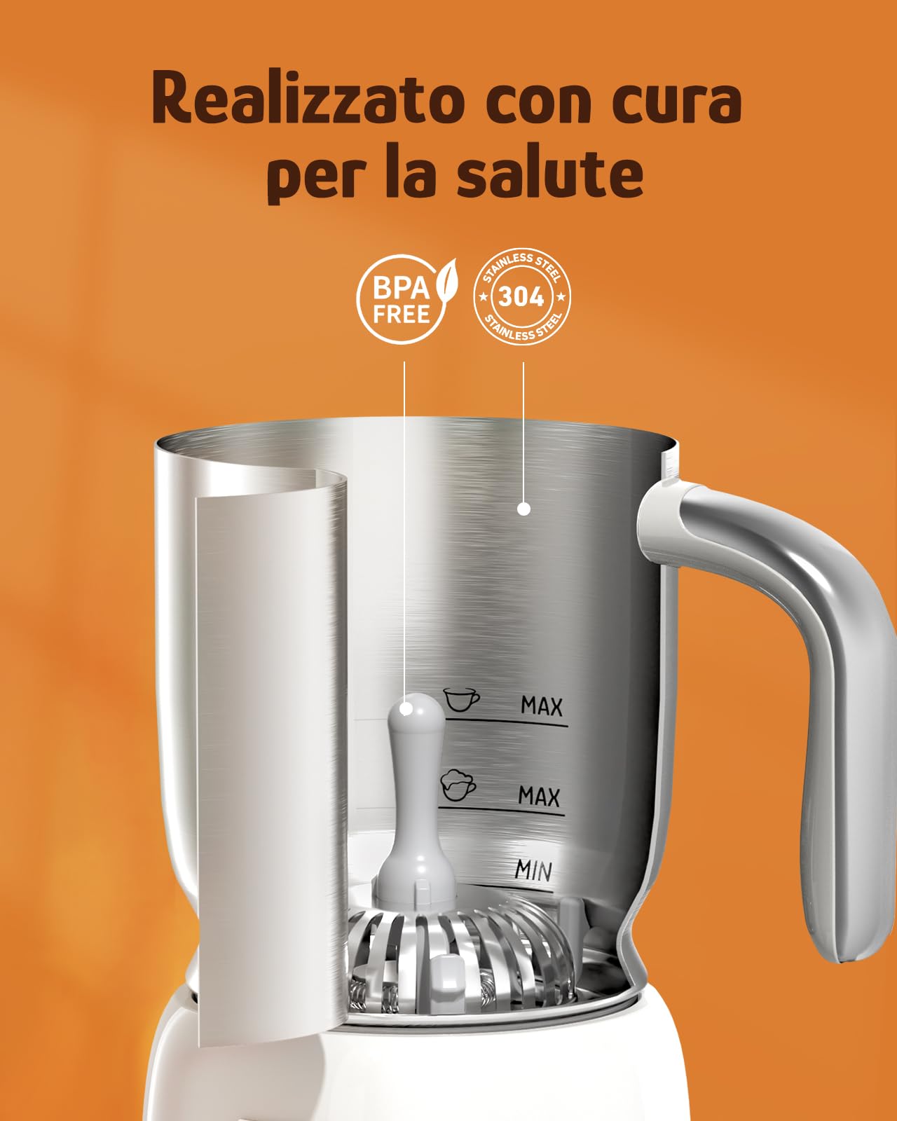 Hazel Quinn Montalatte Elettrico 5 in 1 per Cappuccino, Acciaio Inox 304 e LED Touchscreen, Schiuma Latte Elettrico da 400 ML, Schiumatura a Caldo e a Freddo, Lavabile in Lavastoviglie, Bianco