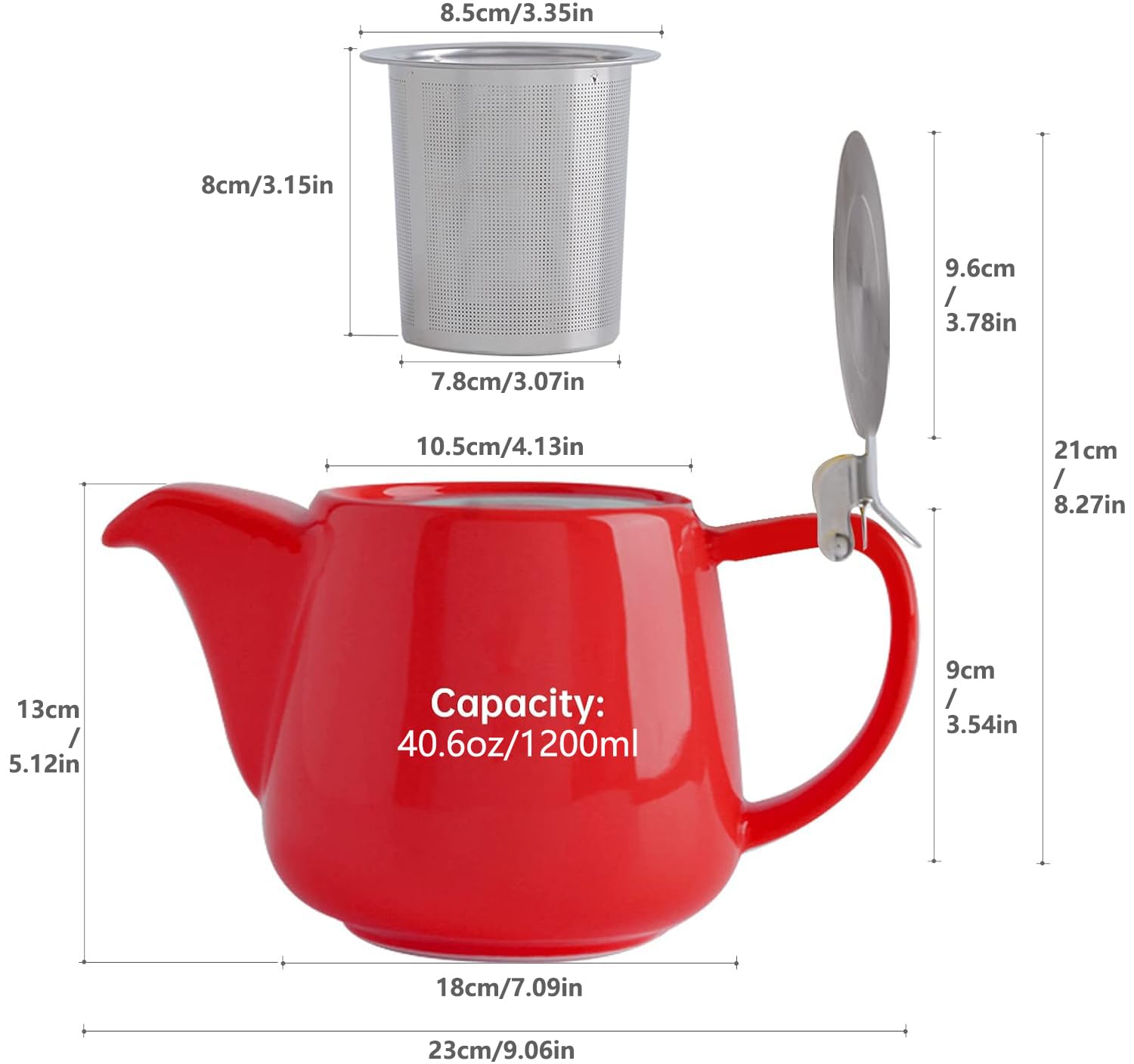 VIVILINEN Tetera con Infusor Extraíble y Tapa Metálica de 1,2 litros, Cerámica para Té en Hojas y Té a Granel