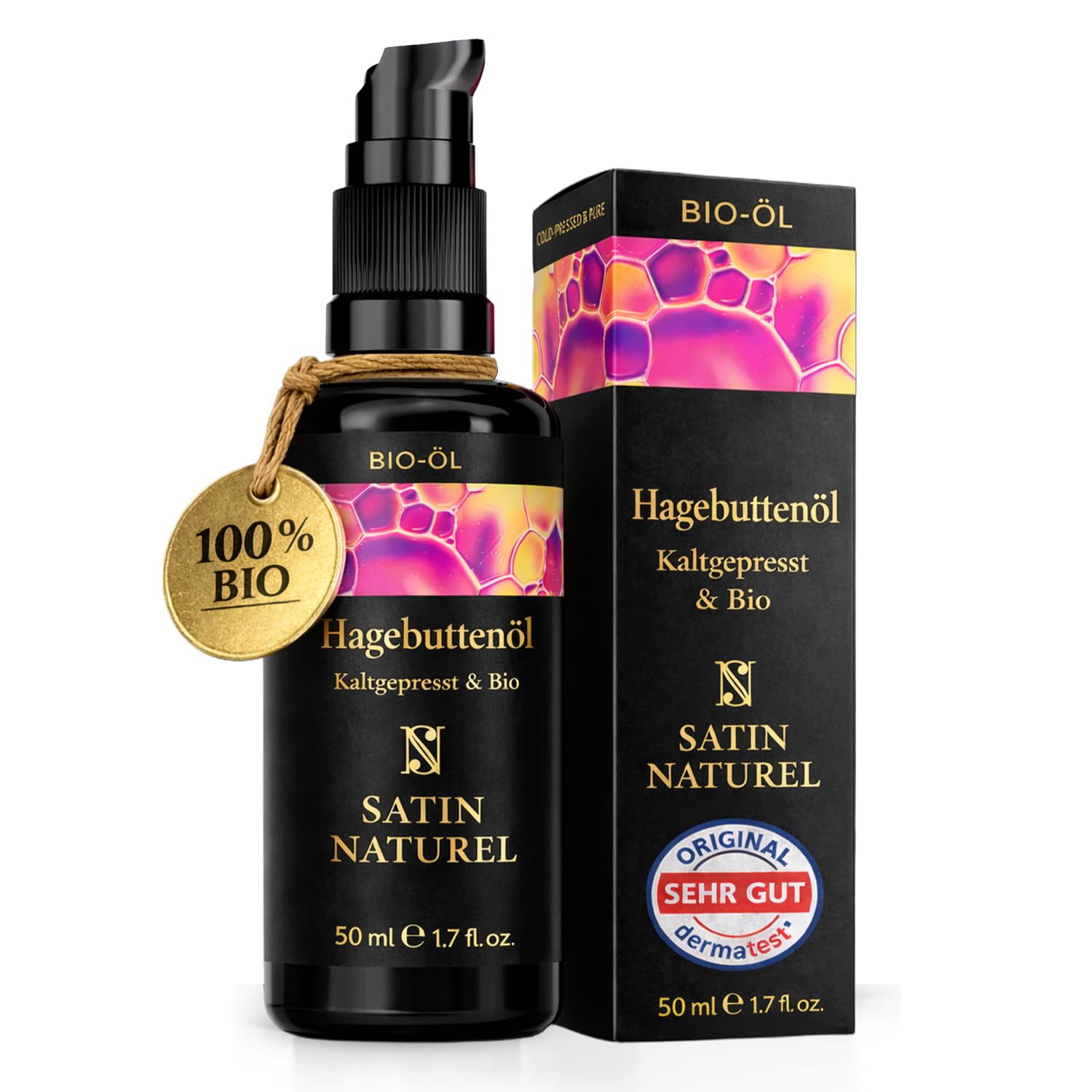 Satin Naturel Bio Hagebuttenöl 50 ml – 100% reines, kaltgepresstes Hagebuttenöl (Rosa Canina) – Gesichtsöl, Körperöl, Massageöl & Haaröl – Wildrosenöl zur Pflege trockener Haut mit Anti-Falten-Wirkung