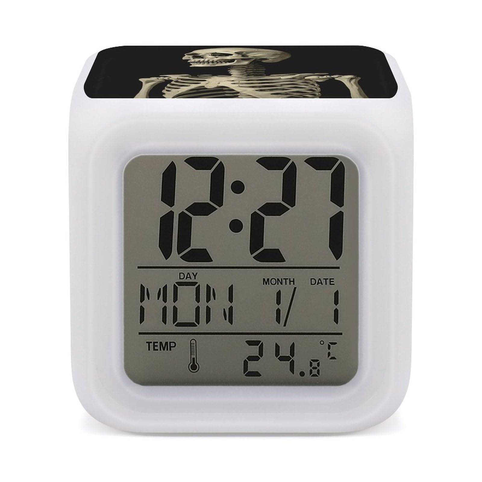 VstaDank A Skeleton Alarm Clock with 7 Color Changing Night Light Date Temp Display Wake Clocks LED Display Digital Clock Electric Desk Clocks for Living Office Bedroom Decor