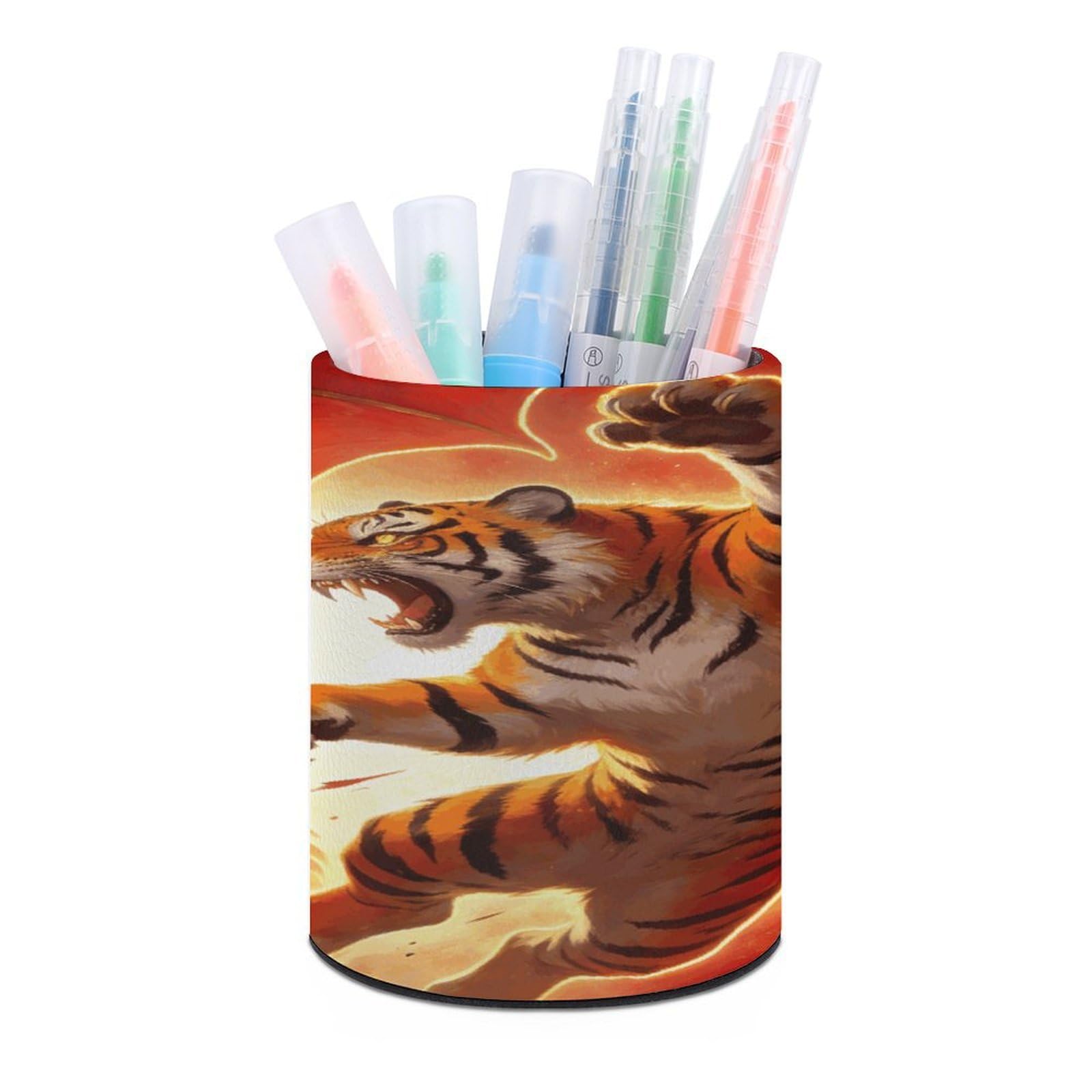 VstaDank Dragon Versus Tiger Pen Holder PU Leather Pencil Cup Minimalist Desk Pencil Holder Round Make Up Brush Organizers For Office Dorm Room&Vanity Desk Accessories