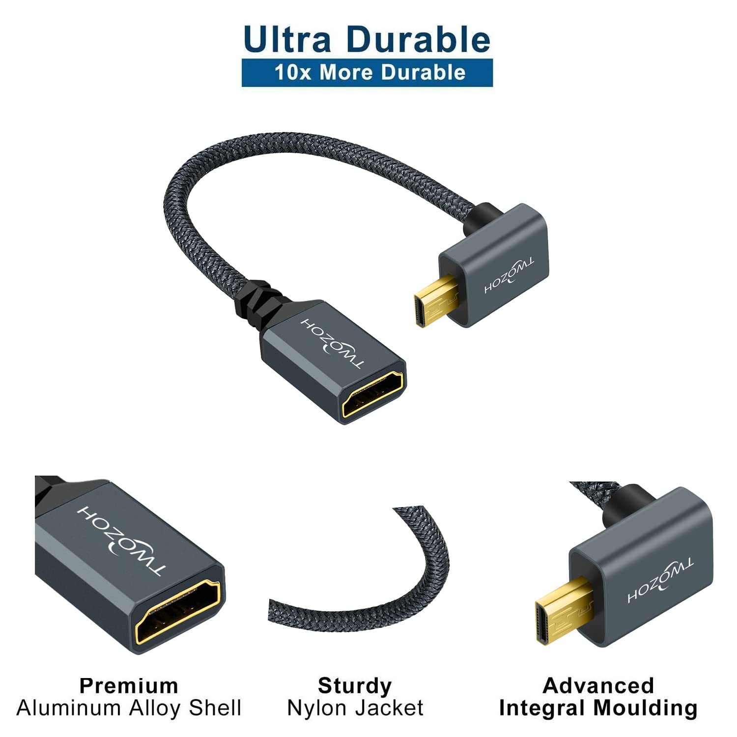 Twozoh Cavo prolunga da Micro HDMI a HDMI Angolato verso il basso 0,2M, Nylon intrecciato 90 Gradi Micro HDMI Maschio a HDMI Femmina supporto 4K/60Hz 1080p