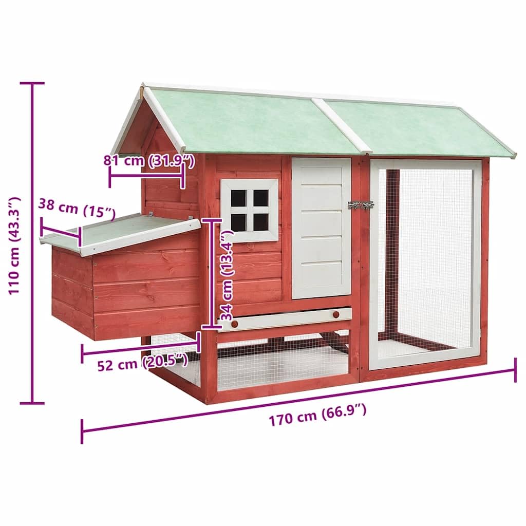 Hühnerkäfig Rot aus massivem Kiefernholz und Tanne 170x81x110 cm mit Maschendraht Stall für Kleintiere wie Kaninchen, Nagerheim, Outdoor Freilauf und Auslauf