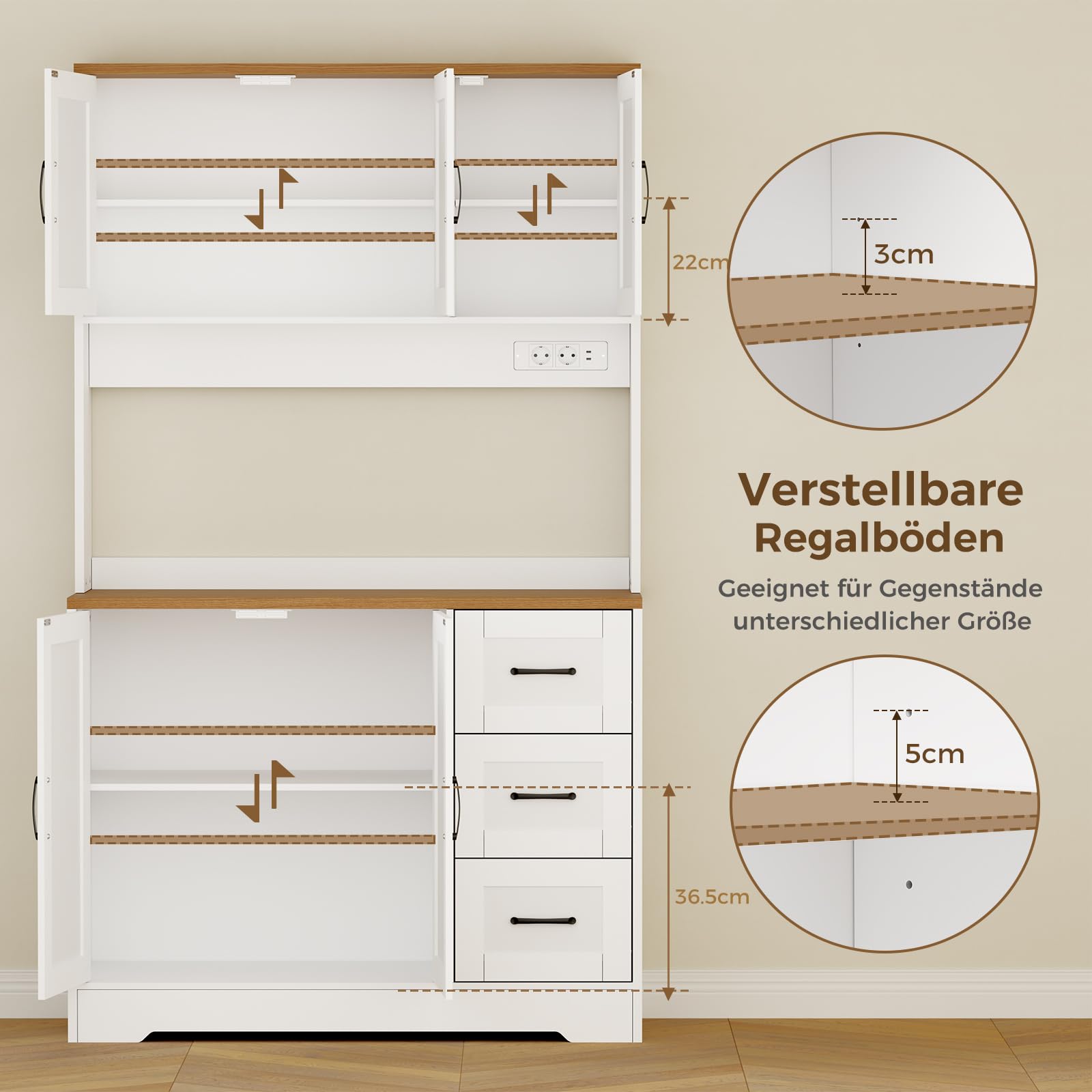 BEWISHOME küchenschrank mit LED Licht und Steckdosen küchenbuffet Buffetschrank, Sideboard Hochschrank, 2 Oberkabinette 3 Schubladen 2 Türen, Verstellbare Einlegeböden, 180x100x40 cm, Weiß, EZCG04W