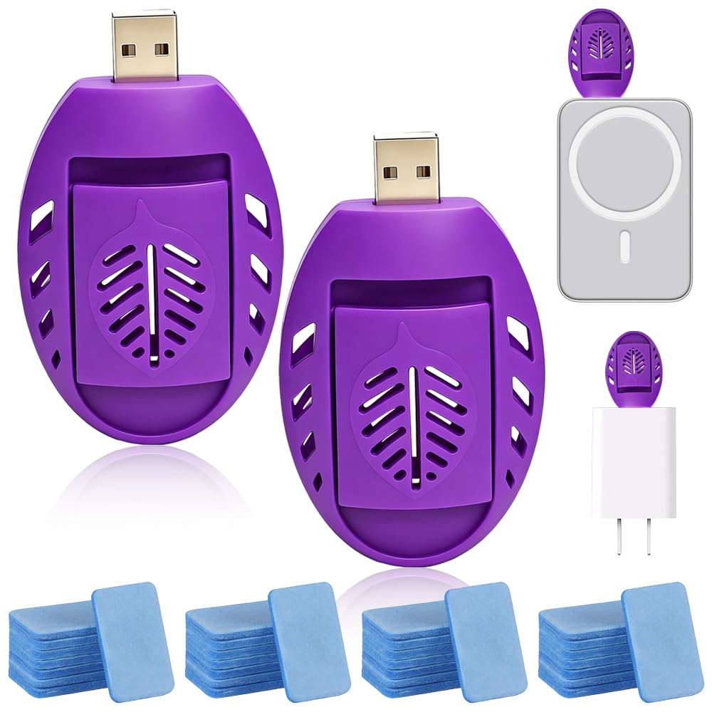 2 PCS USB Mosquito Repellent Plug In, Portable USB Mosquito Killer with 90 Repellent Tablets, Electric Mosquito Repeller, Indoor Insect Repellent Plug In for Hiking Outdoor Summer Home travel, Purple