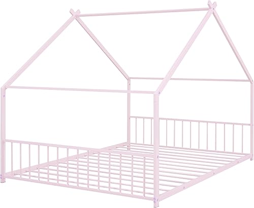 Miniatura 28 de Favfurish Cama de plataforma de casa de tamaño individual con cabecero y estribo, diseño de techo, cama de madera con forma de casa para niños y