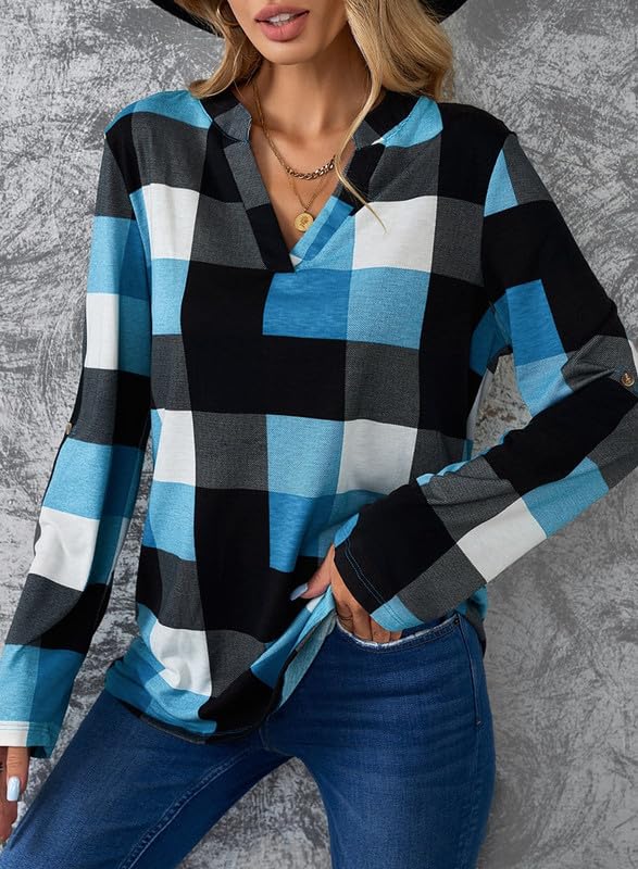 Image of Dokotoo Womens Tops Plaid Cotton Cuffed 3 /4 Sleeve Shirts Blouses