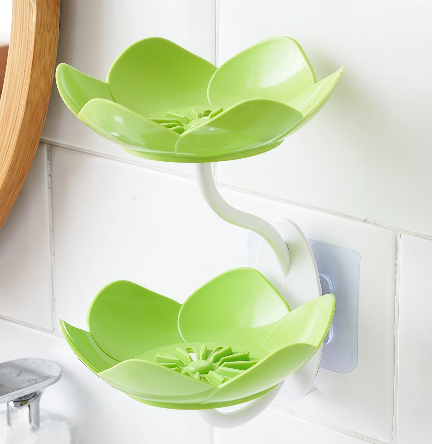 Soap Dish Holder for Shower Bar Double Layer Cute Lotus Shape Adhesive Tray Sink Wall Mounted Shampoo NO-Drilling Self Draining Hanging Saver Rack