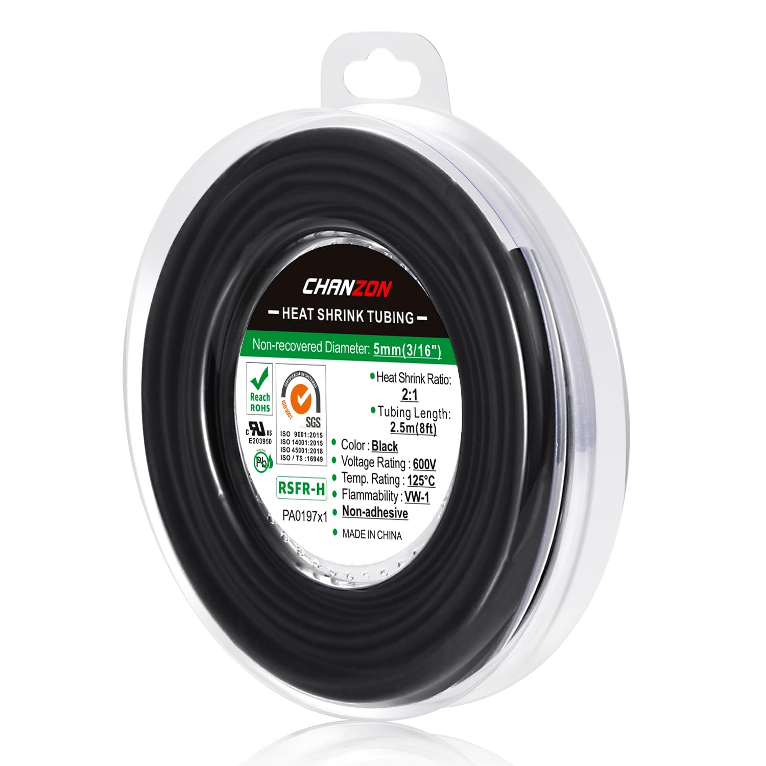 Chanzon 2:1 Ratio 3/16" (5mm) Heat Shrink Tubing 8Ft Roll (2.5M Total Length) Black Polyolefin Sleeving Wrap Shrinking 2 to 1 1pcs