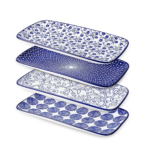 Selamica Rechteckige Servierplatten aus Keramik, 30,5 cm, für Partys, Unterhaltung, rechteckige Speiseteller für Vorspeisen, Salat, Dessert, Sushi, Vintage-Blau, 4 Stück Selamica Rechteckige Servierplatten aus Keramik, 30,5 cm, für Partys, Unterhaltung, rechteckige Speiseteller für Vorspeisen, Salat, Dessert, Sushi, Vintage-Blau, 4 Stück