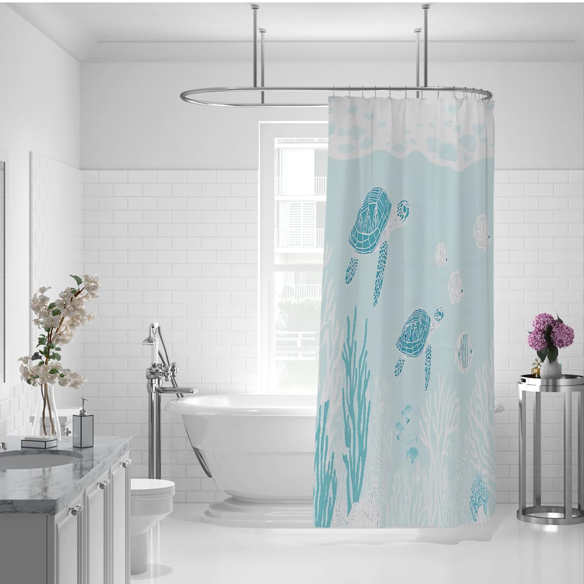 Hellblaue Ozean-Duschvorhänge Meeresschildkröten Fische Korallen Badezimmervorhänge – Stoffwasserdichter Inneneinsatz, maschinenwaschbar mit Haken 200 x 220 cm