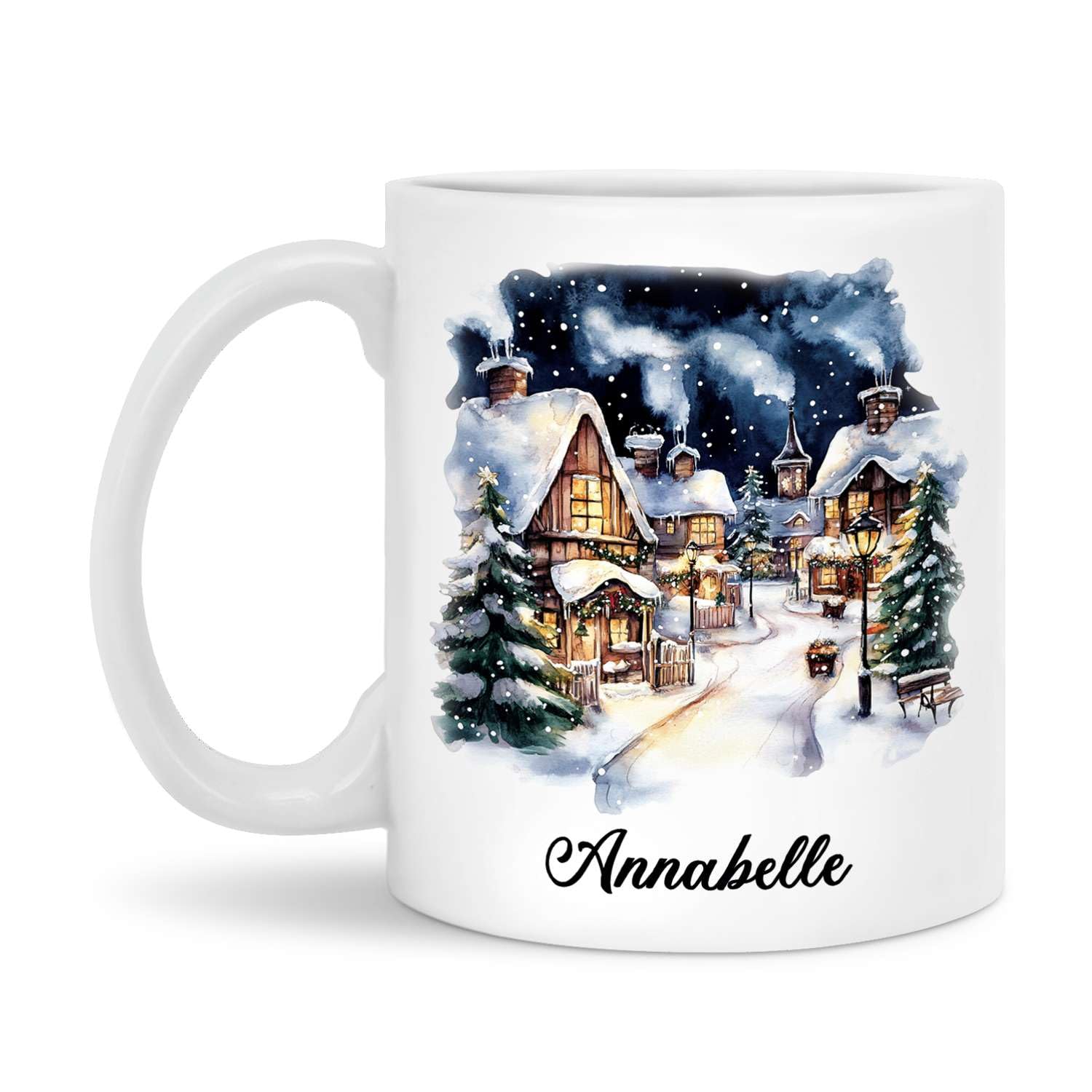 Custom Name Winter Black Mug – Snow Globe Holiday Village Design, Personalized Ceramic Coffee Cup, 11oz Or 15oz Full Wrap – Christmas Gift Mug - View #2