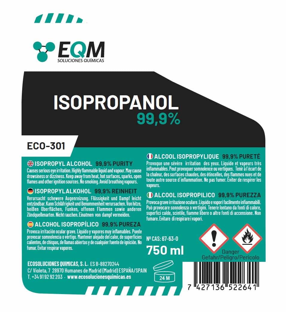EQM - ECO-301 - Alcool Isopropylique Pur 99,9% - 750 ML - Nettoyage de Composants Électroniques, Objectifs, Écrans et Résines d’Impression 3D