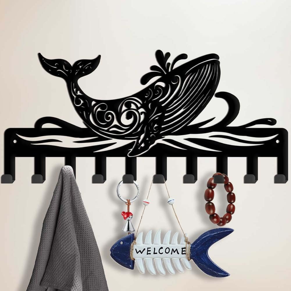 SUPERDANT Patterned Whale Metal Key Holder Whale Decorative 10 Hooks Key Rack Organizer Wall Mounted Rack Hooks Kitchen Wall Decor Personalized Key Hanger Dog Leash Hanger for Wall Front Door - Image 2