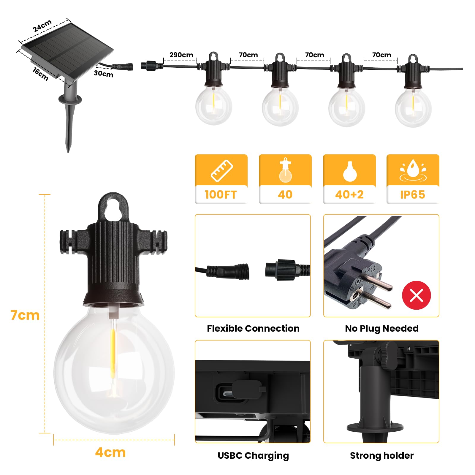 ZOTOYI Luci solari per esterni, 30 m, luci a festone da giardino, IP65, impermeabili, con 40+2 lampadine LED infrangibili, G40, luce bianca calda, per cortile, gazebo, recinzione, tetto delle feste
