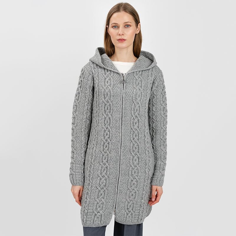 Image of SAOL 100% Merino Wool Aran Irish Cardigan for Women with Pockets, Hood and Celtic Zipper