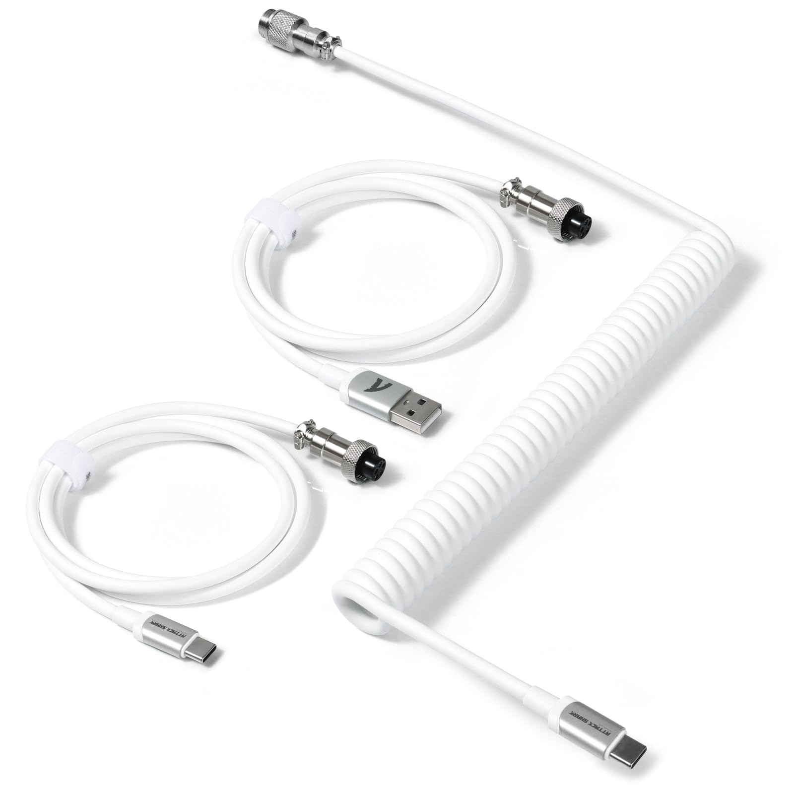 Coiled Keyboard Cable for Gaming Custom Keyboard,Double-Sleeved Coiled USB C Cable with Detachable Metal Aviator,2 in 1 USB C to A and C for Mechanical Keybaord,Printer,Phone,Ipad,Xbox-White