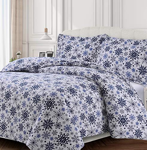 Tribeca Living King Cotton Flannel Duvet Cover Set - Oversized, Ayana Floral, 170 GSM, 3-Piece Luxury Bedding, Snowflakes