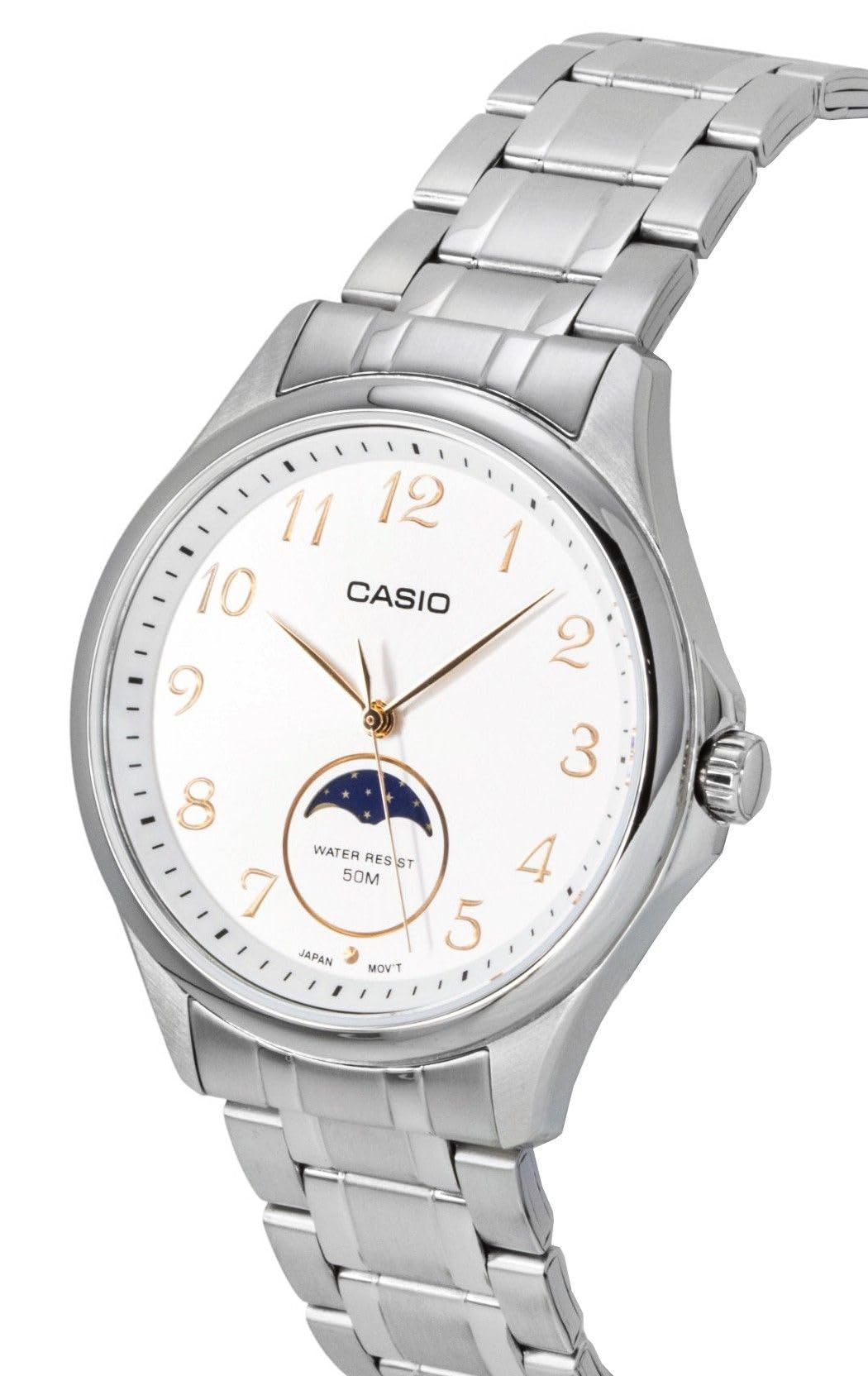 Casio MTP-M110D-7AV Orologio analogico con indicatore fasi lunari, bracciale in acciaio inossidabile, resistenza all'acqua 50M, movimento giapponese